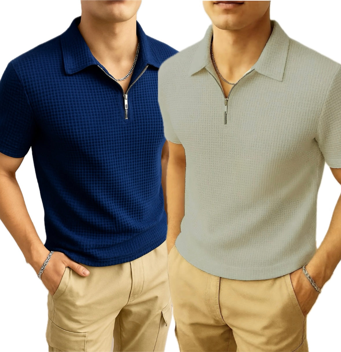 Pack of 2 – Waffle Knit Zipper Polo - Navy Blue and Grey