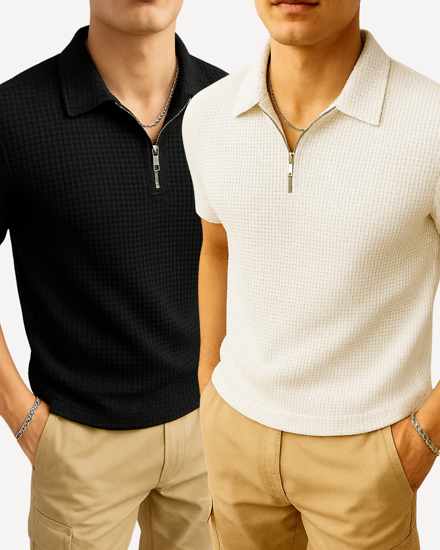 Pack of 2 – Waffle Knit Zipper Polo - Black and White