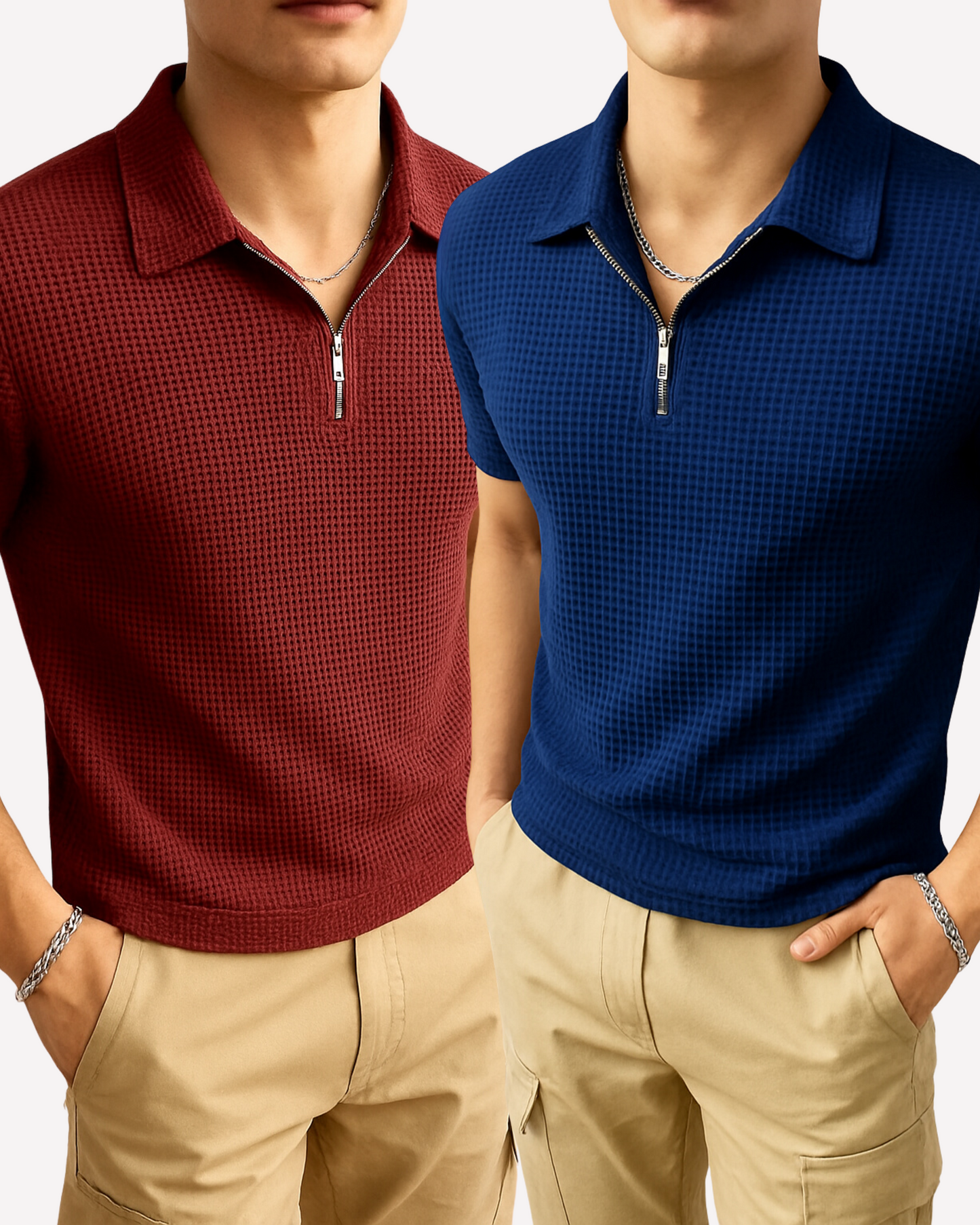 Pack of 2 – Waffle Knit Zipper Polo - Maroon and Navy Blue