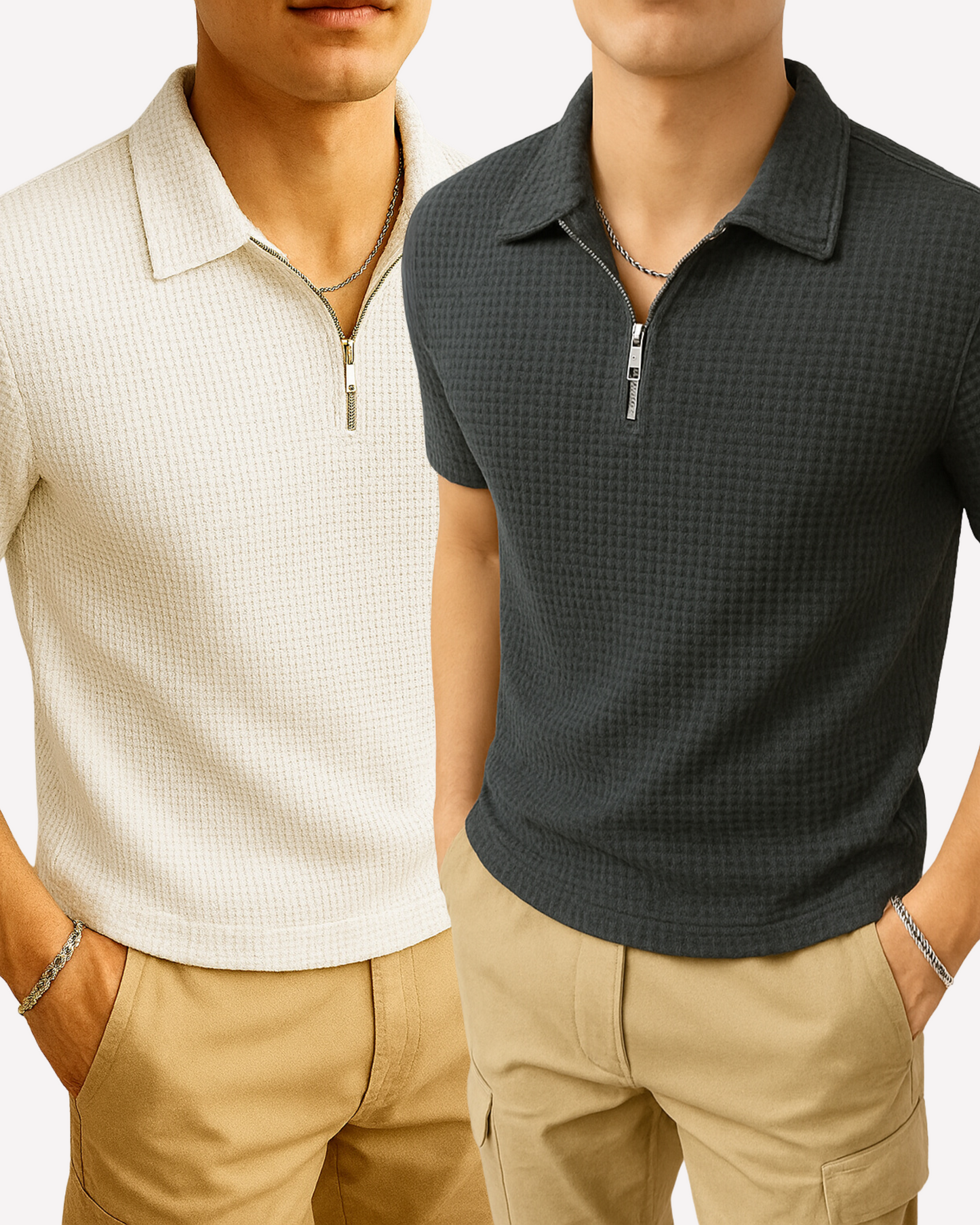 Pack of 2 – Waffle Knit Zipper Polo - White and Charcoal