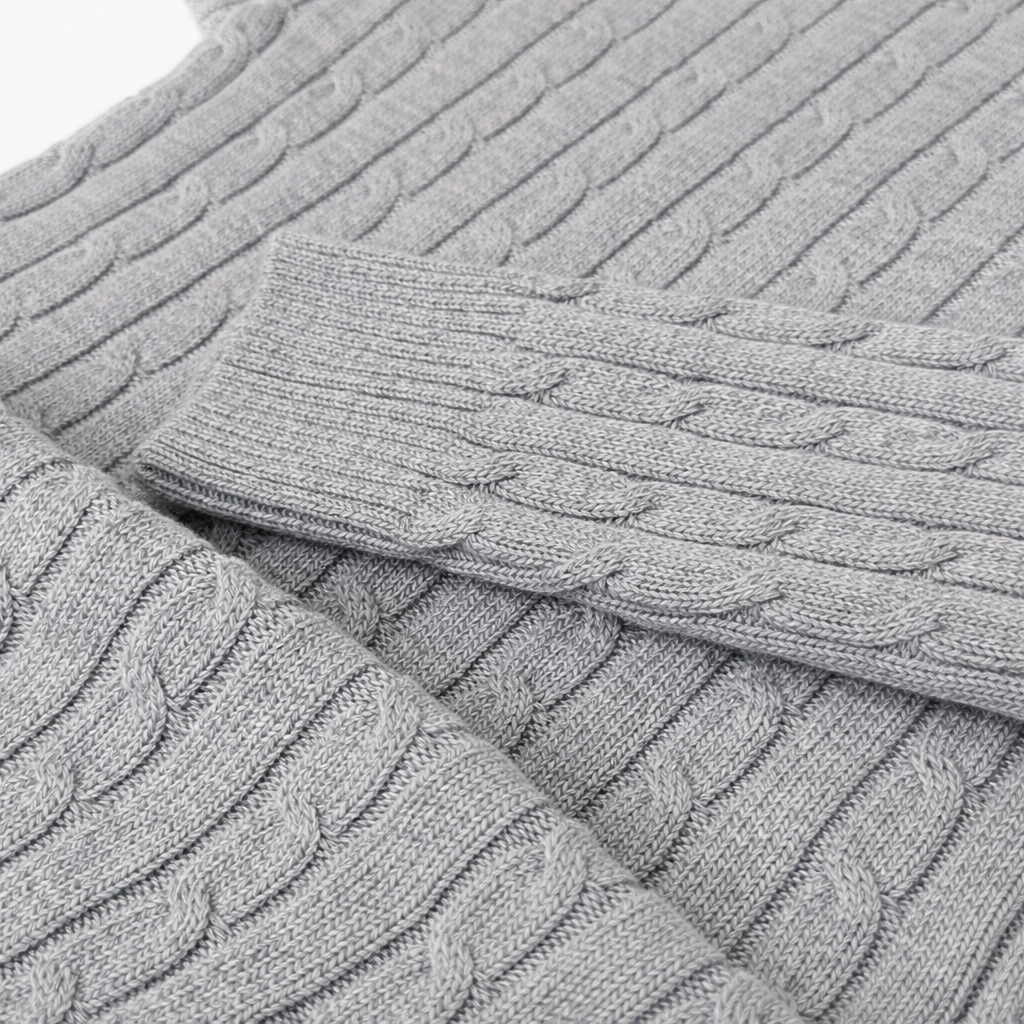 RL IMPORTED SMALL PONY ROUND NECK CABLE KNIT SWEATER (HEATHER GREY)