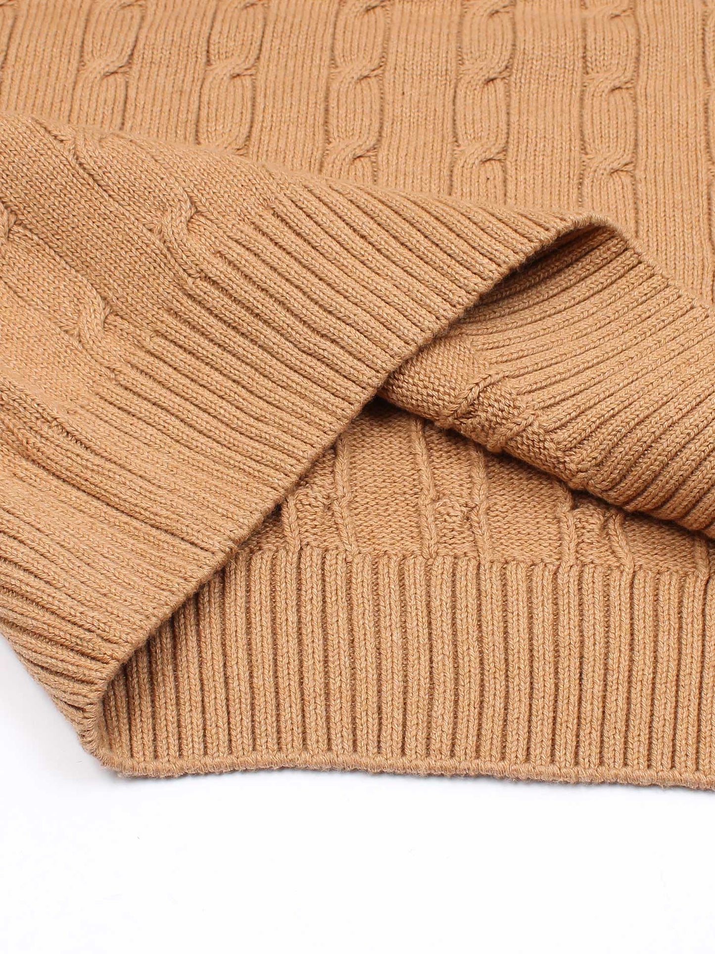 RL Cable-Knit Half Zipper Cotton Sweater (camel brown)