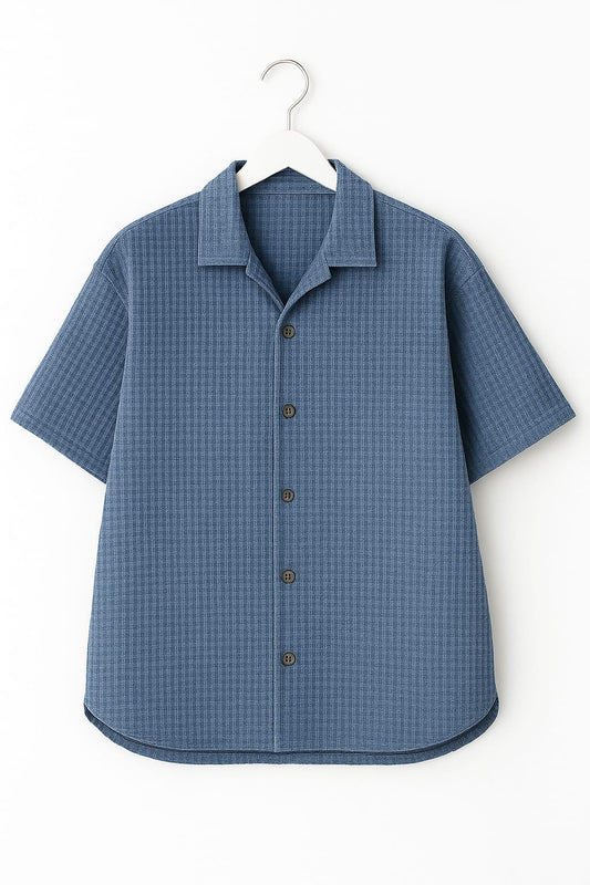 Steel Blue Waffle Knit Cuben Collar Shirt