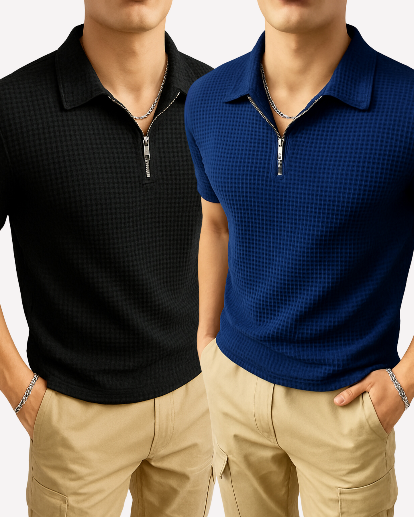 Pack of 2 – Waffle Knit Zipper Polo - Black and Navy Blue