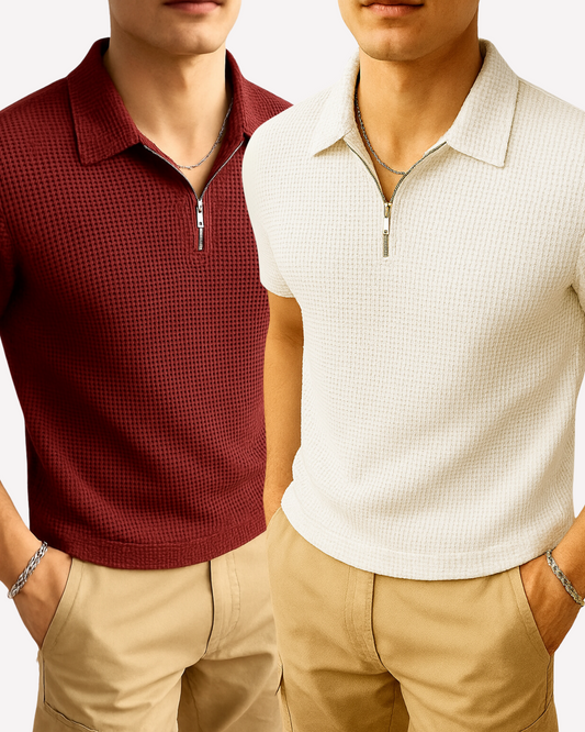 Pack of 2 – Waffle Knit Zipper Polo - Maroon and White