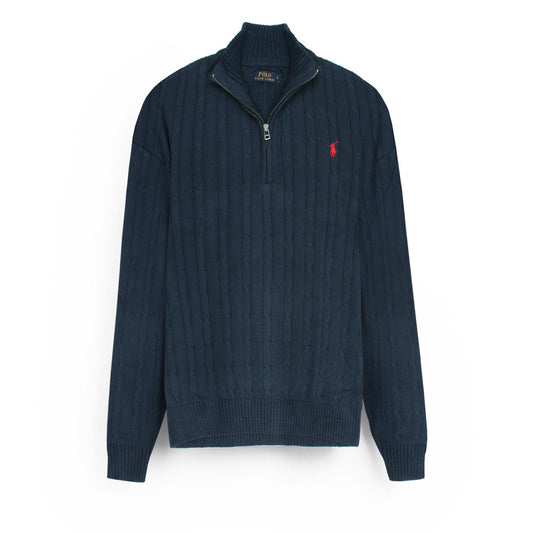 RL Cable-Knit Half Zipper Cotton Sweater (navy blue)