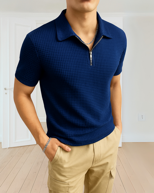 Waffle Knit Zipper Polo T-Shirt - Navy Blue