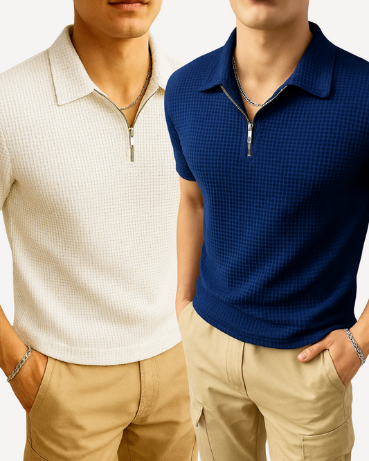 Pack of 2 – Waffle Knit Zipper Polo - White and Navy Blue