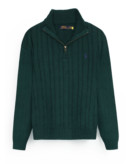 RL Cable-Knit Half Zipper Cotton Sweater (green)