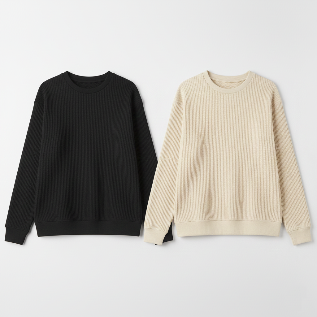 2 Pieces Waffle Knit SweatShirt ( BLACK & CREAM )