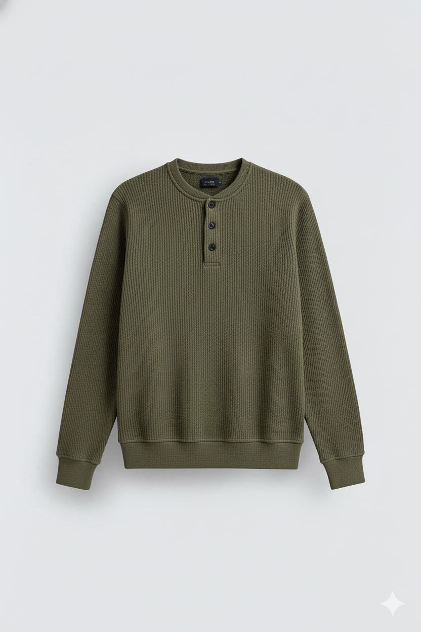 2 Pieces Waffle Knit Henley Pack ( Military Green + Navy )
