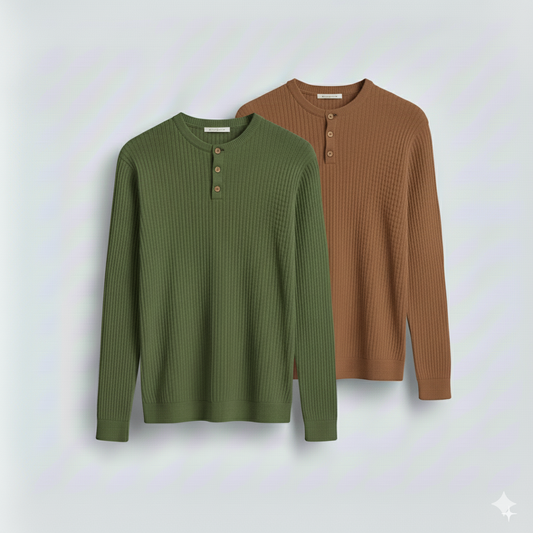2 Pieces Waffle Knit Henley Pack ( Military Green + Mocha )
