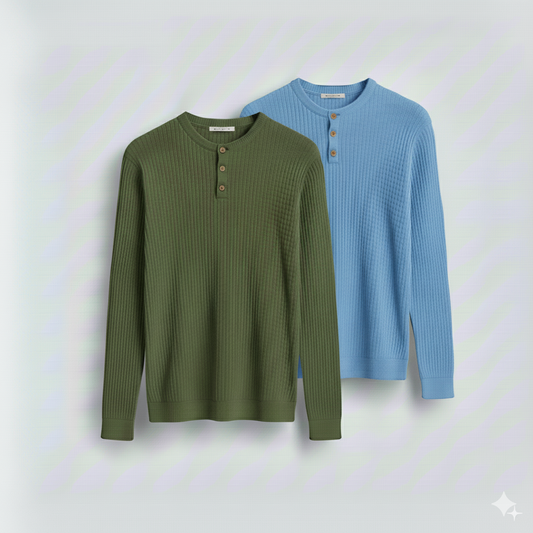 2 Pieces Waffle Knit Henley Pack ( Military Green + Baby Blue )