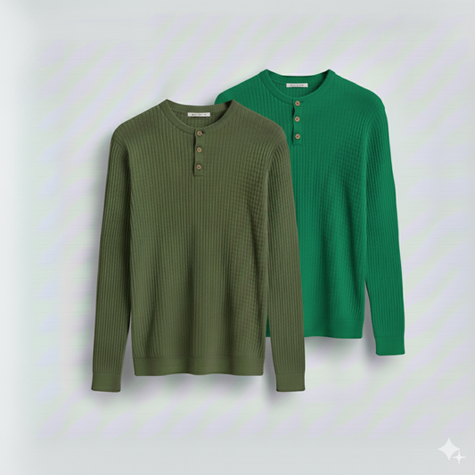 2 Pieces Waffle Knit Henley Pack ( Military Green + Green )