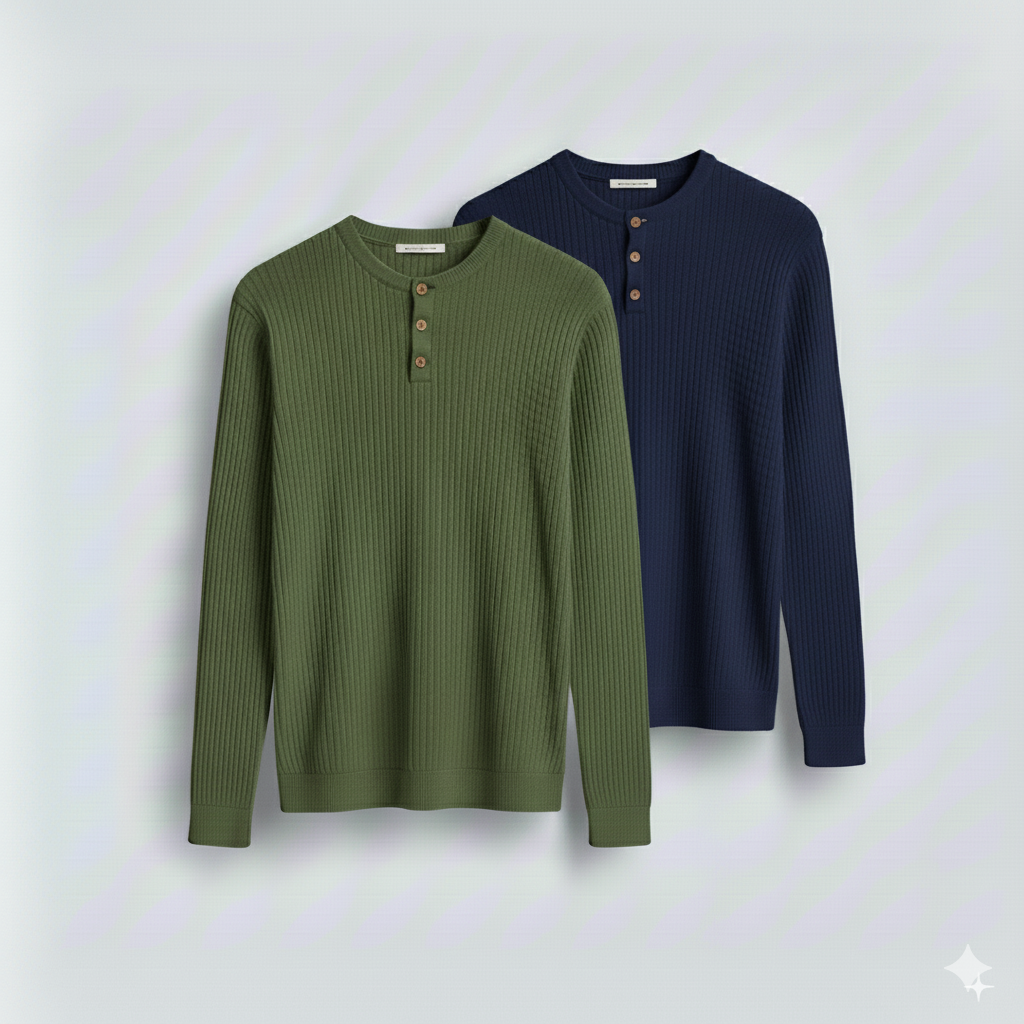 2 Pieces Waffle Knit Henley Pack ( Military Green + Navy )