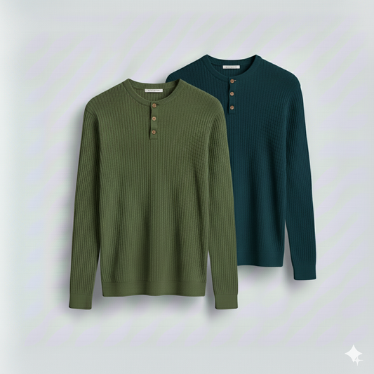 2 Pieces Waffle Knit Henley Pack ( Military Green + Dark Teal )