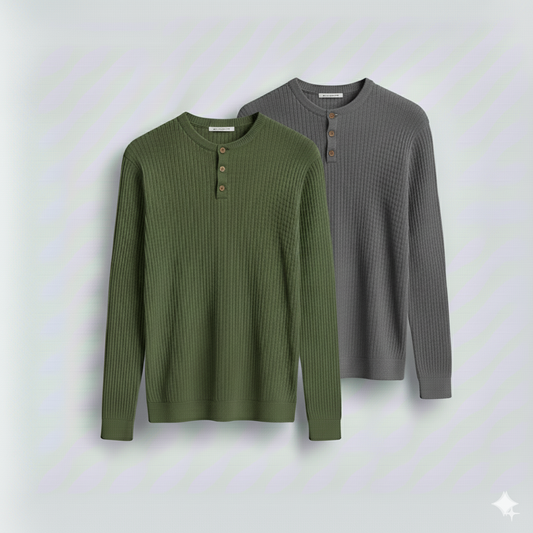 2 Pieces Waffle Knit Henley Pack ( Military Green + Hader Gray )