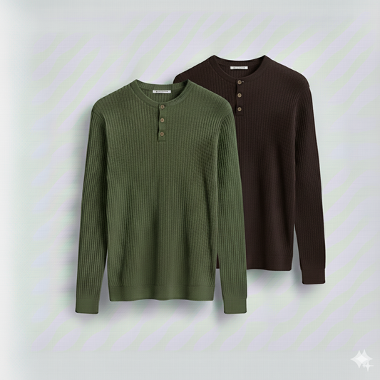 2 Pieces Waffle Knit Henley Pack ( Military Green + Dark Brown )