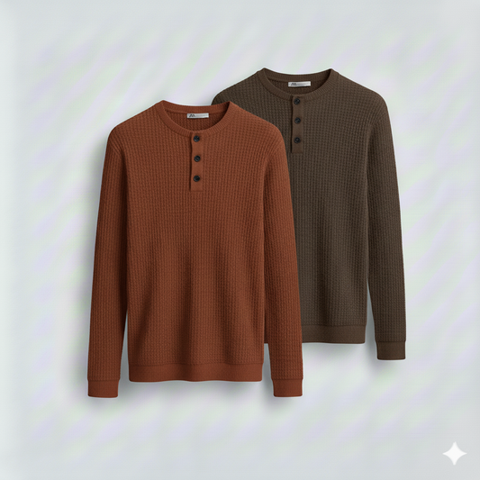 2 Pieces Waffle Knit Henley Pack ( Rust + Mocha )