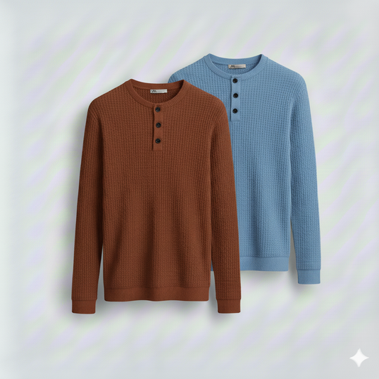 2 Pieces Waffle Knit Henley Pack ( Rust + Baby Blue )