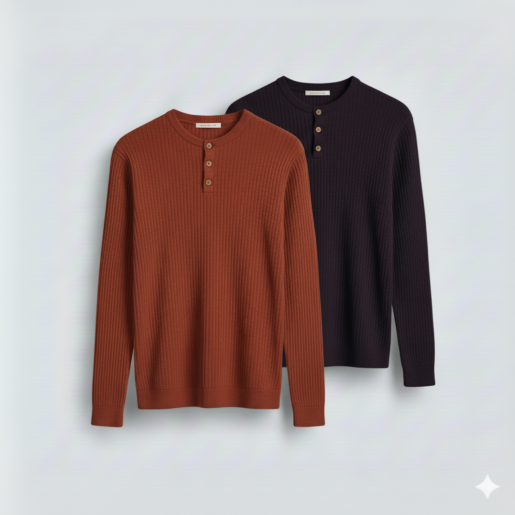 2 Pieces Waffle Knit Henley Pack ( Rust + Midnight Plum )