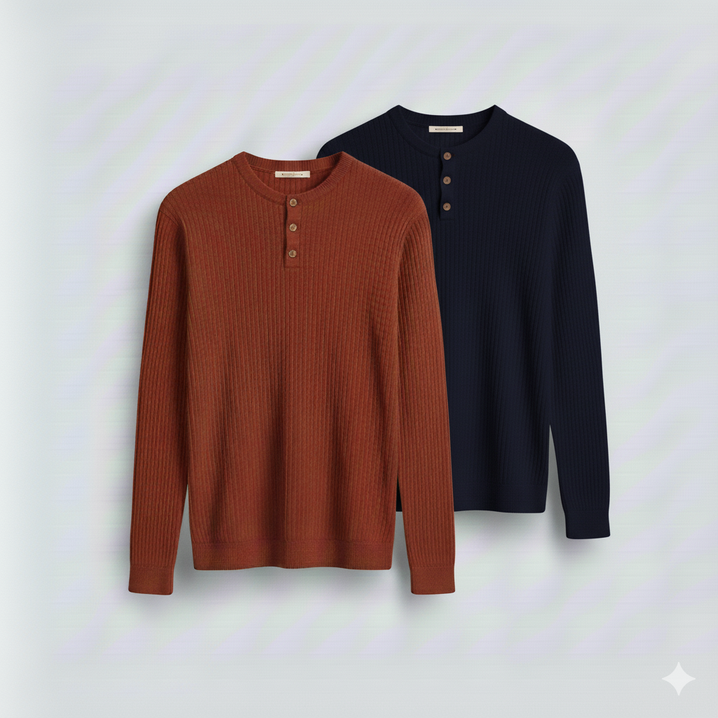 2 Pieces Waffle Knit Henley Pack ( Rust + Navy )