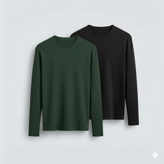 2 Pieces Full Sleeves T-Shirt ( BLACK & BOTTLE GREEN )
