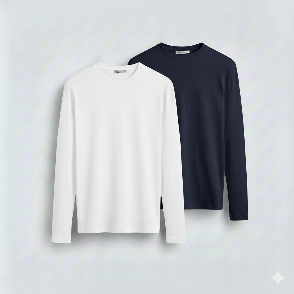2 Pieces Full Sleeves T-Shirt ( WHITE & NAVY BLUE)