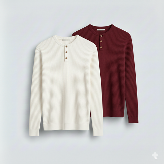 Dual-Knit Henley Pack (White & Maroon)