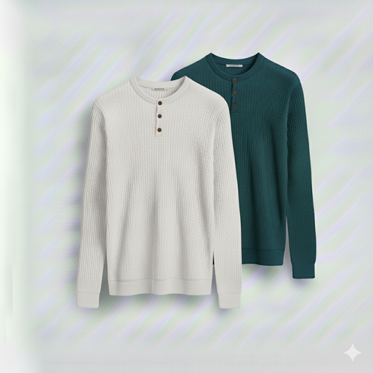 Dual-Knit Henley Pack (White & Deep teal)