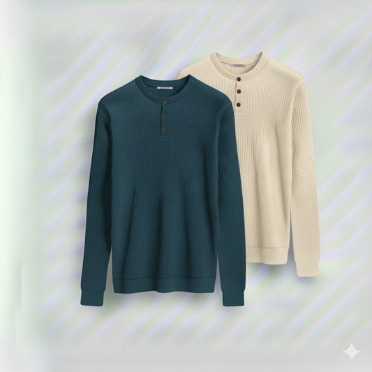 Dual-Knit Henley Pack (Deap Teel & Cream)