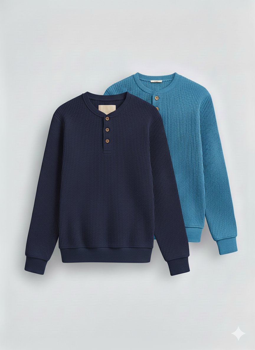 2 Pieces Waffle Knit Henley Pack ( Sky Blue + Navy )