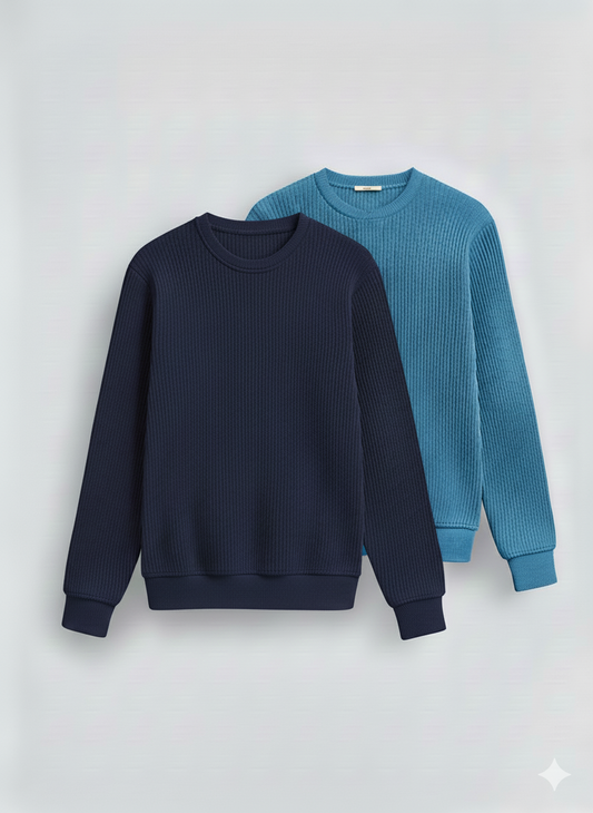 2 Pieces Waffle Knit SweatShirt ( Navy + Sky Blue )