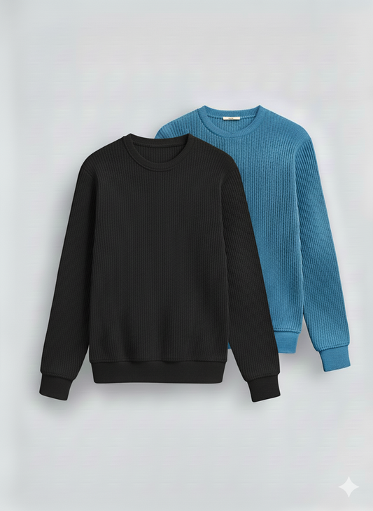 2 Pieces Waffle Knit SweatShirt ( Black + Sky Blue )