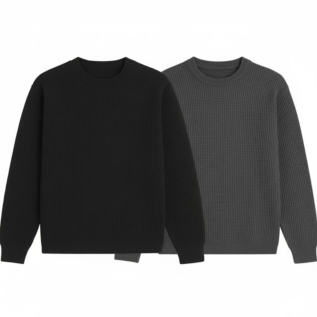 2 Pieces Waffle Knit SweatShirt ( BLACK & TEXTURE GREY )