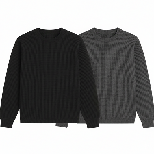 2 Pieces Waffle Knit SweatShirt ( BLACK & TEXTURE GREY )
