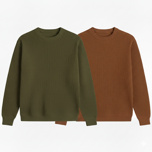 2 Pieces Waffle Knit SweatShirt ( OLIVE GREEN & BROWN )