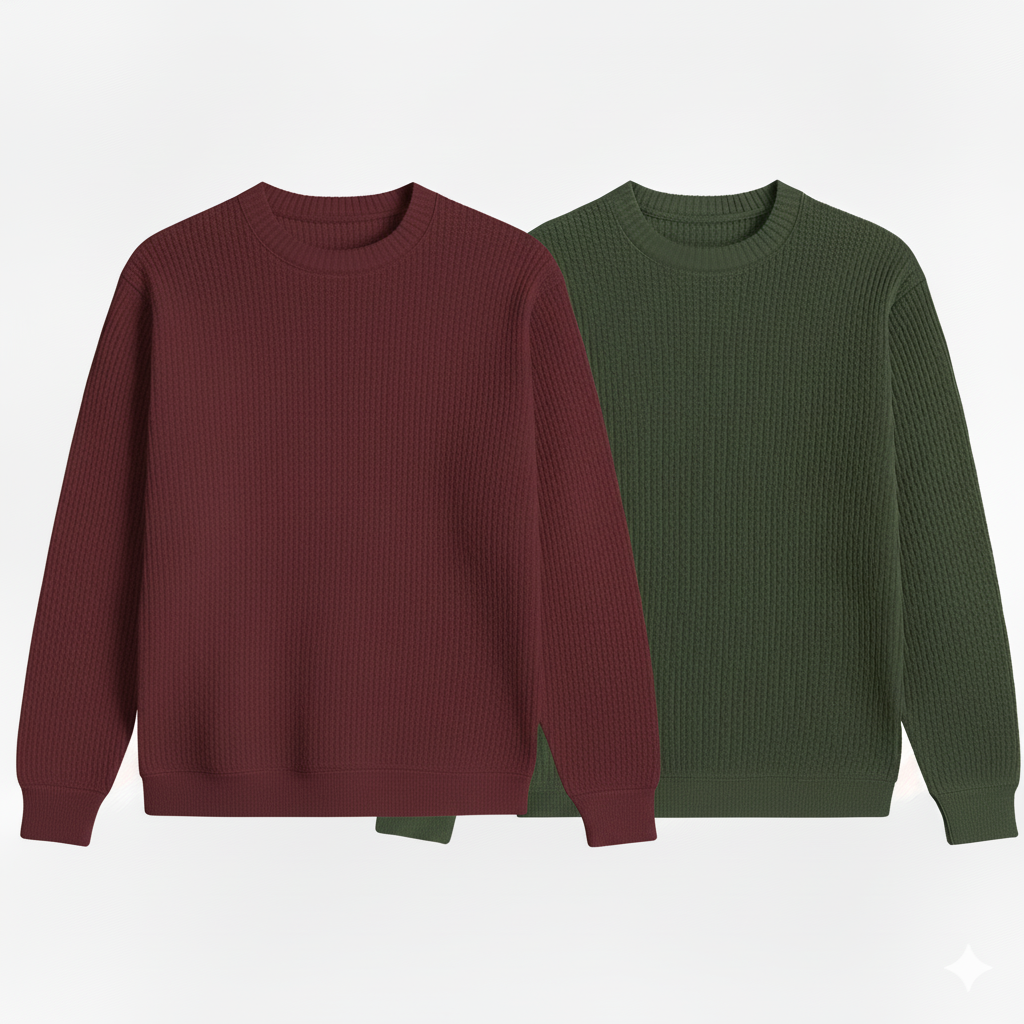 2 Pieces Waffle Knit SweatShirt ( OLIVE GREEN & MAROON )