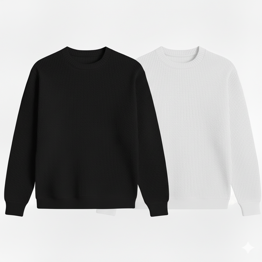 2 Pieces Waffle Knit SweatShirt ( BLACK & WHITE )