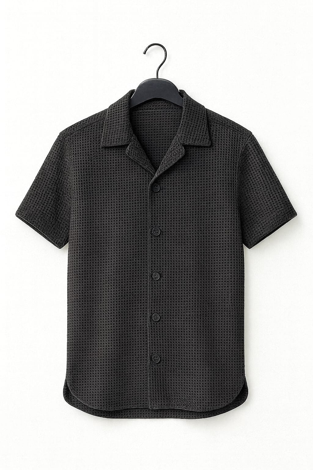Charcoal Waffle Knit Cuban Collar Shirt for Men