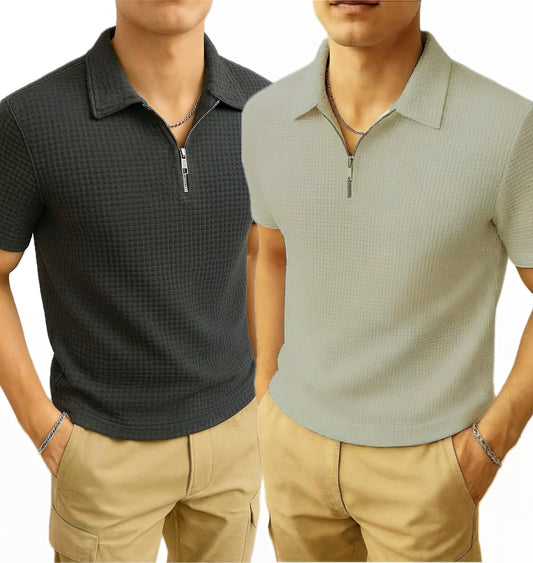 Pack of 2 – Waffle Knit Zipper Polo - Grey and Charcoal