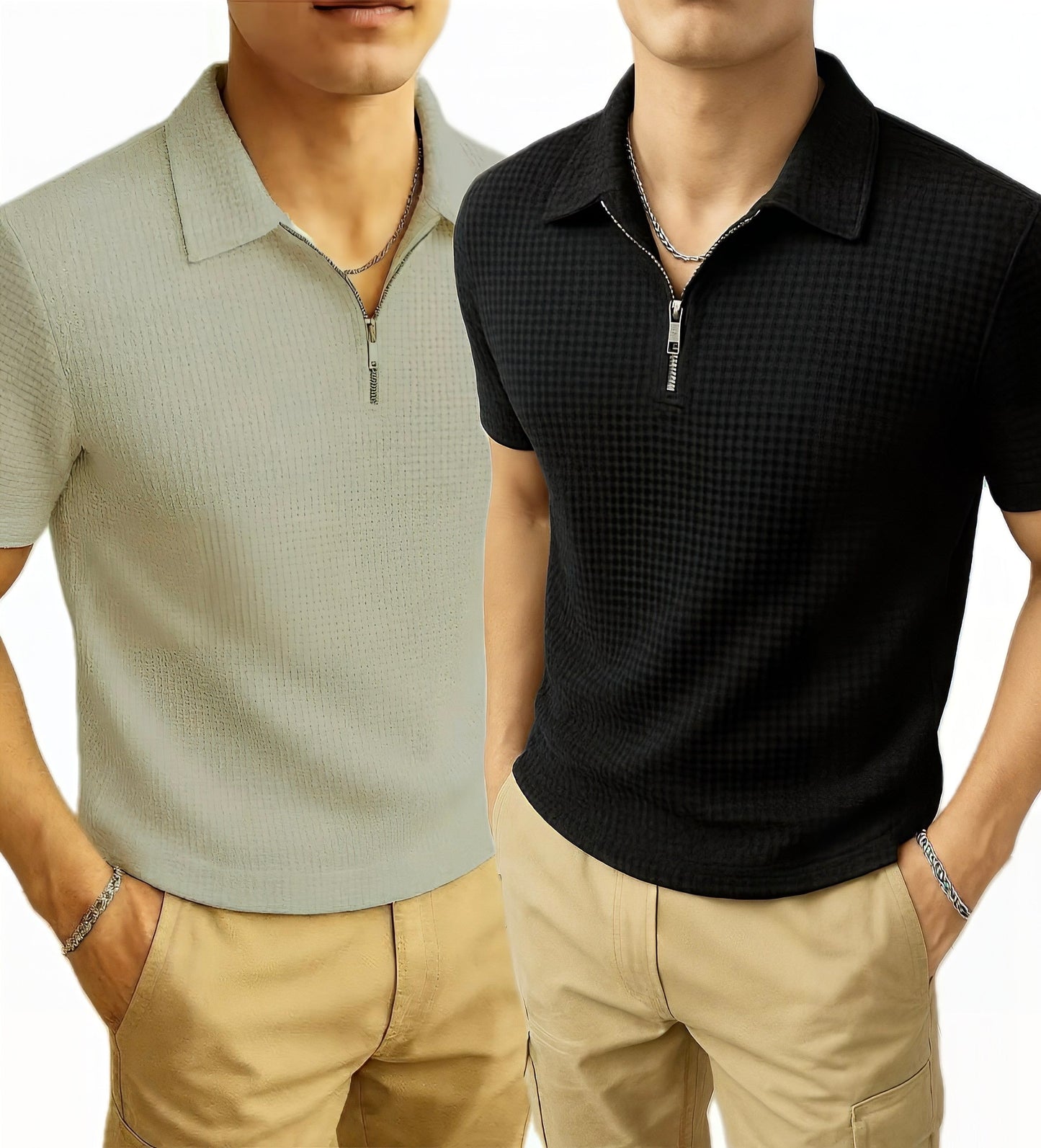 Pack of 2 – Waffle Knit Zipper Polo - Grey and Black