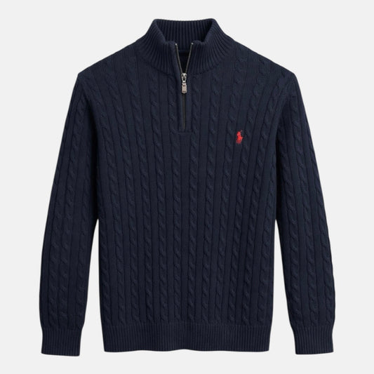 RL IMPORTED SINGLE PONY CABLE KNIT SWEATER (NAVY BLUE)
