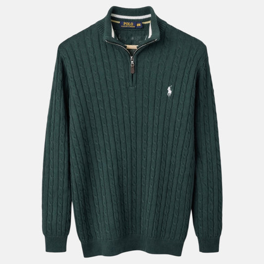 RL IMPORTED SINGLE PONY TIPPED COLLAR CABLE KNIT SWEATER (GREEN)