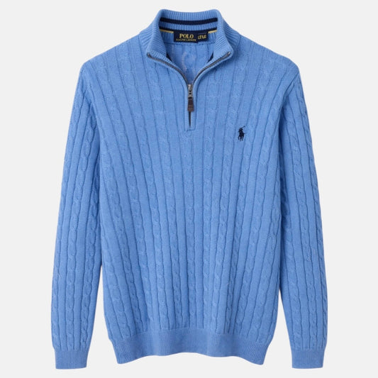 RL IMPORTED SINGLE PONY TIPPED COLLAR CABLE KNIT SWEATER (SKY BLUE)