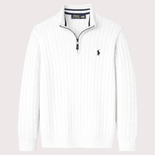 RL IMPORTED SINGLE PONY TIPPED COLLAR CABLE KNIT SWEATER (WHITE)